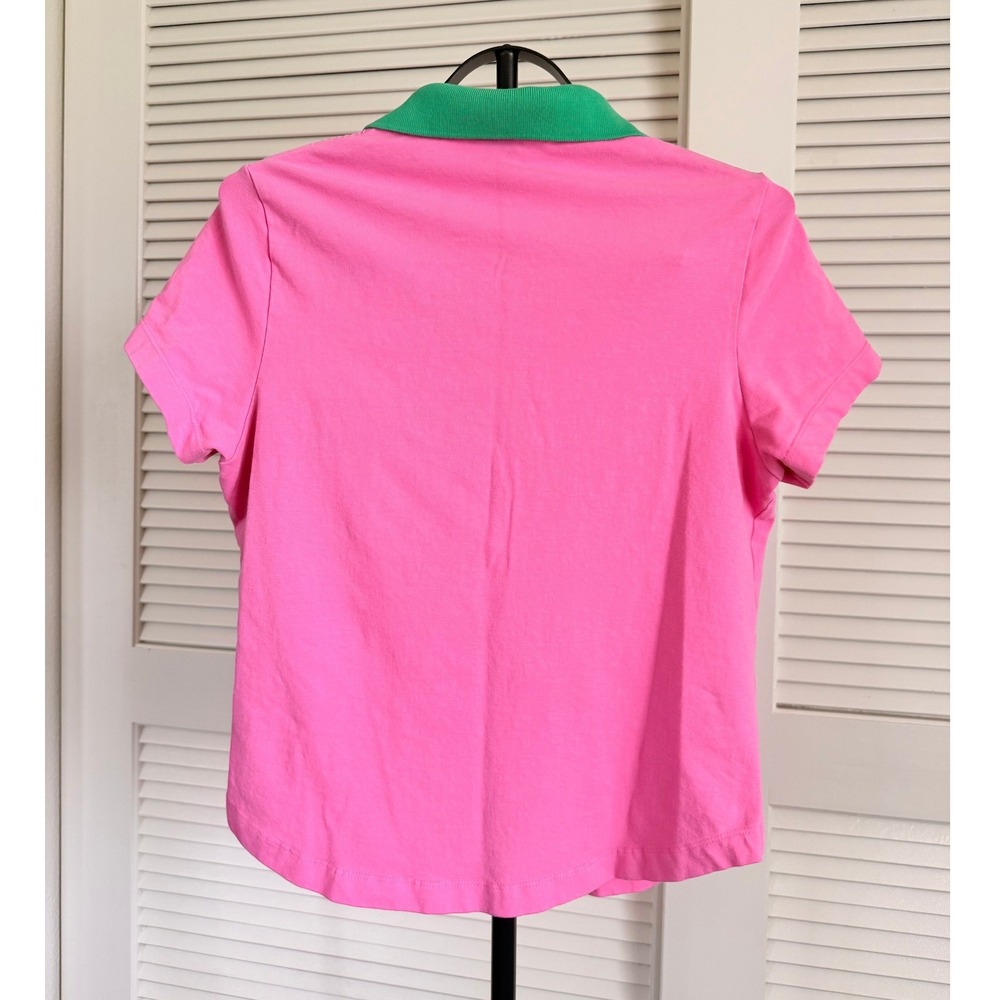 Lilly Pulitzer Shrunken Polo Shirt Pink Green Contrast Collar Palm Tree Size M - Picture 2 of 4